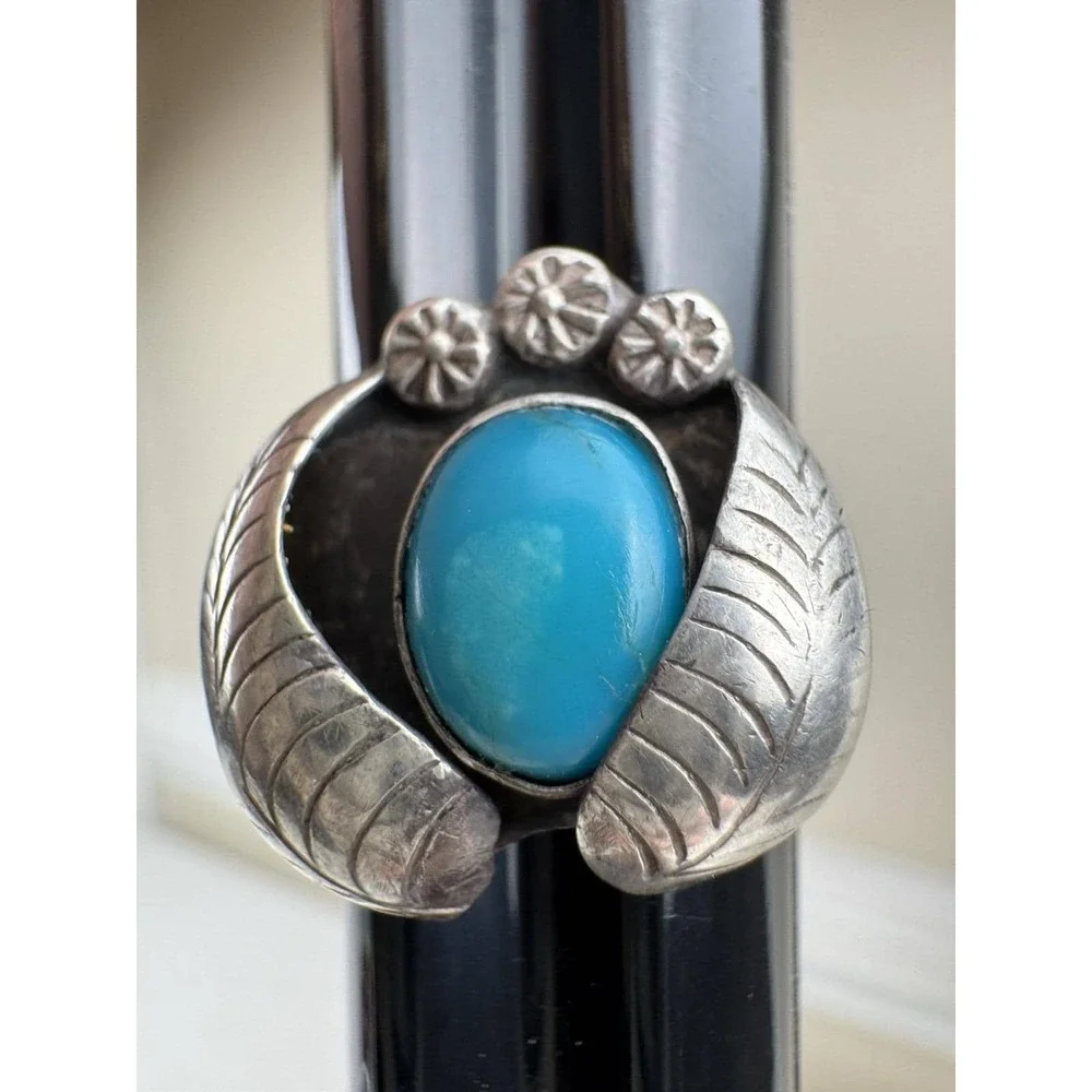 VTG Navajo Sterling Silver Turquoise Leaf Feather Ring Sz6 Old Pawn Southwestern